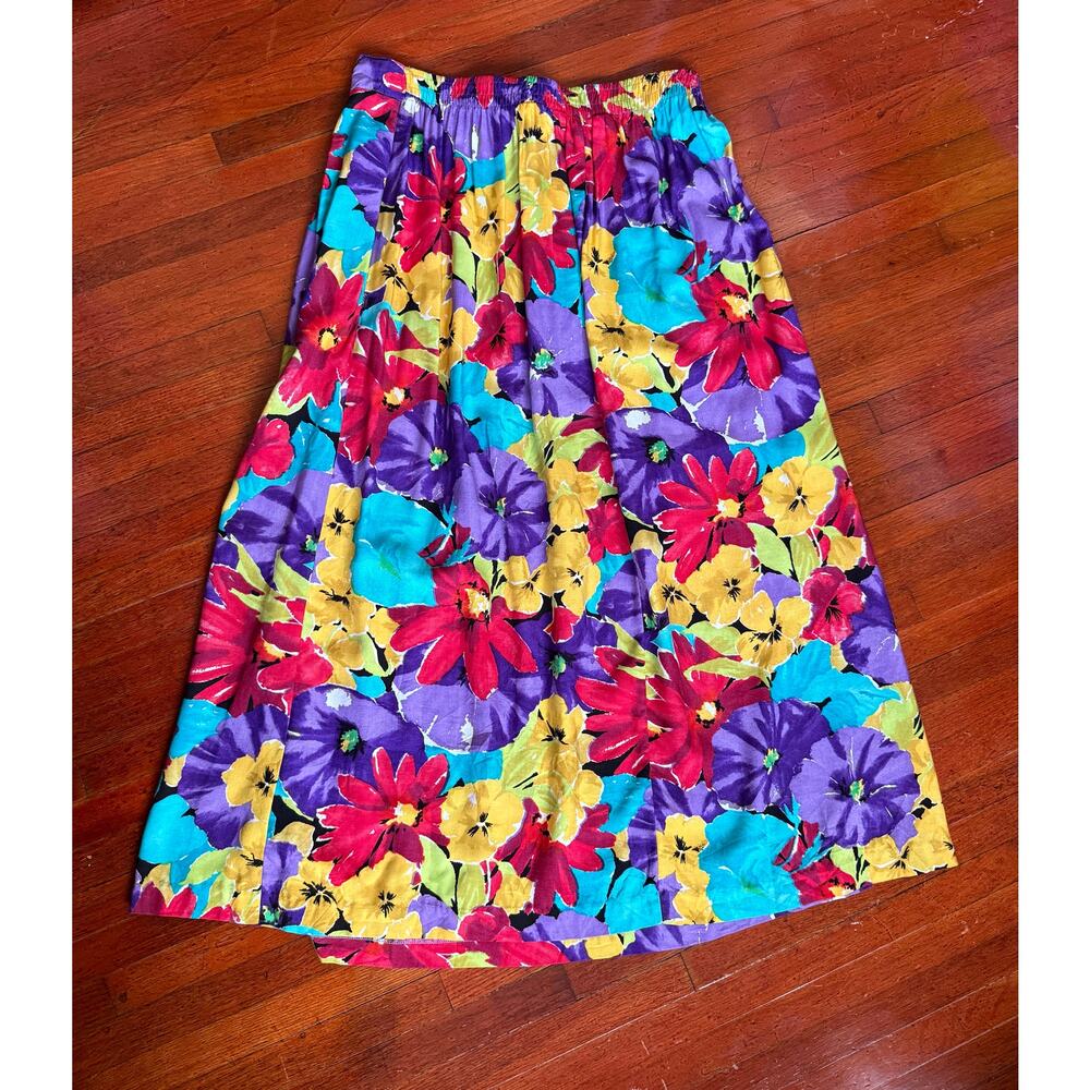 Vintage 80s 90s Colorful Yellow Red Purple Floral A Line Midi Stetch Skirt Med L